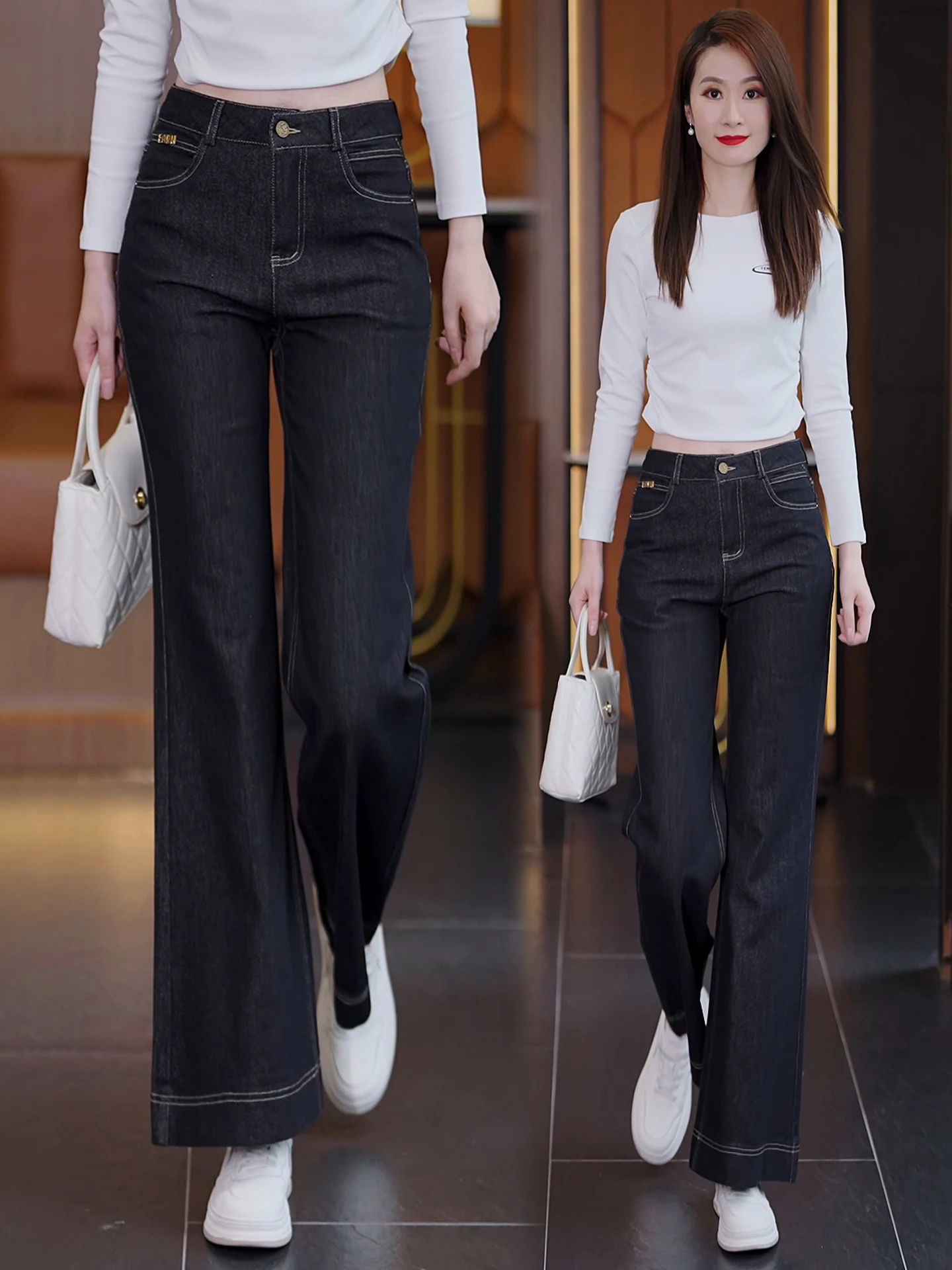 

Темно-синие женские джинсы-клеш с высокой талией, новинка весна-осень, облегающие, в стиле ретро, расклешенные брюки для повседневной носки