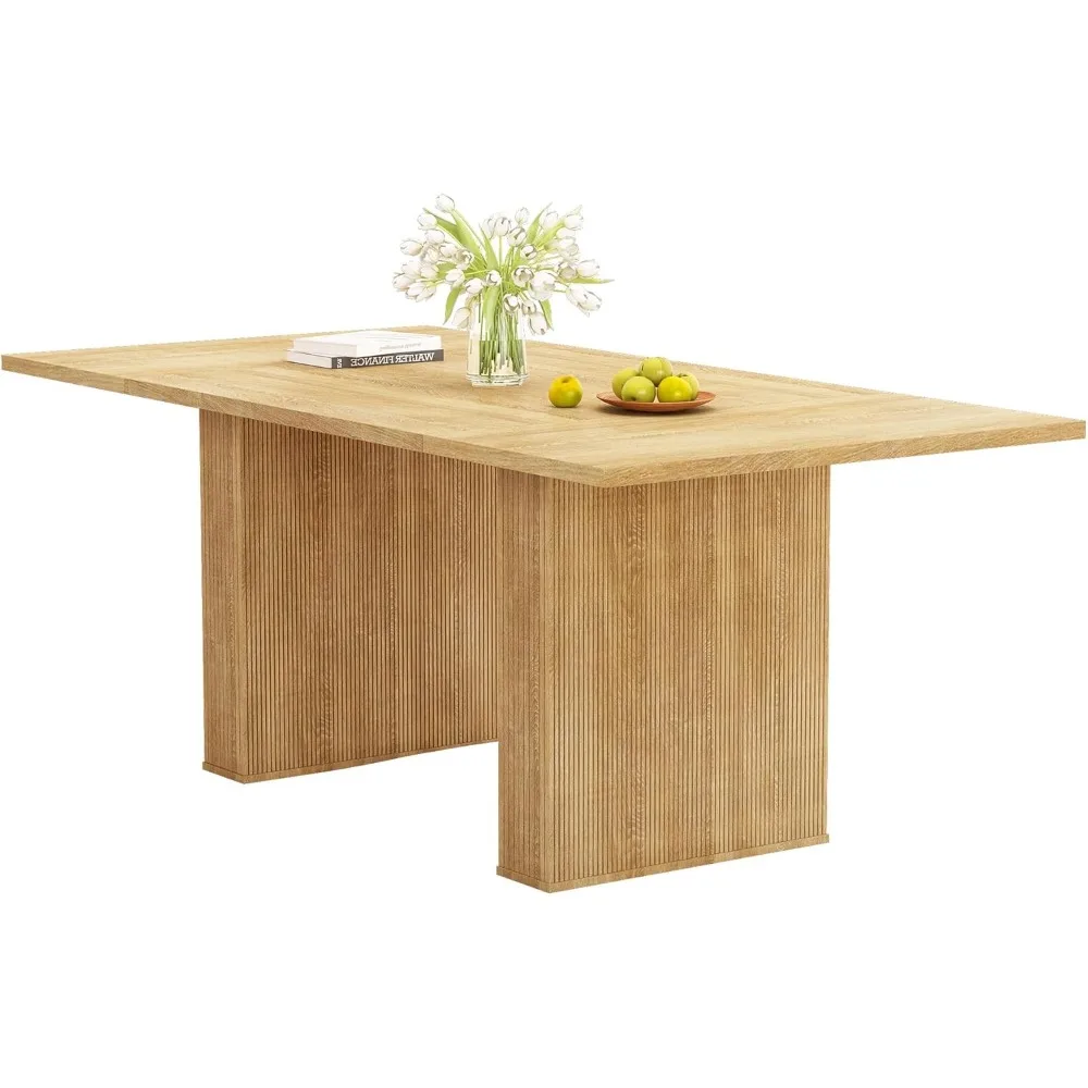 78 Inch Fluted Dining Table, Wood KitchenTable for 6 to 10, Farmhouse Long Rectangle Table with Strip Base for Dining Room, Kit