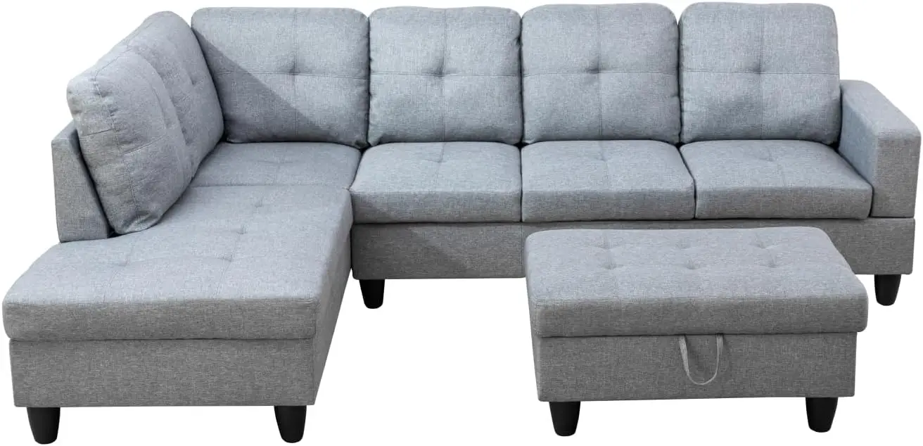 Divano componibile moderno a forma di L con pouf portaoggetti, Chaise Longue rivolto a sinistra, schienale reversibile con 2 portabicchieri, lino