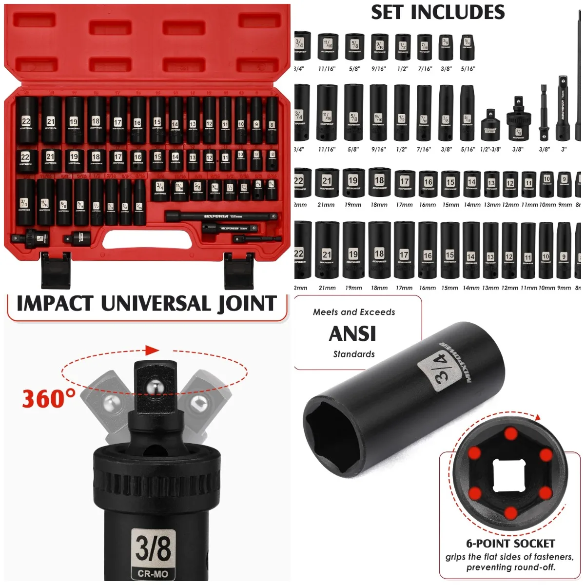 

3/8' Drive 49-Piece Impact Socket Set, 6-Point, SAE & Metric, 5/16' to 3/4', 8-22mm, Cr-V Steel