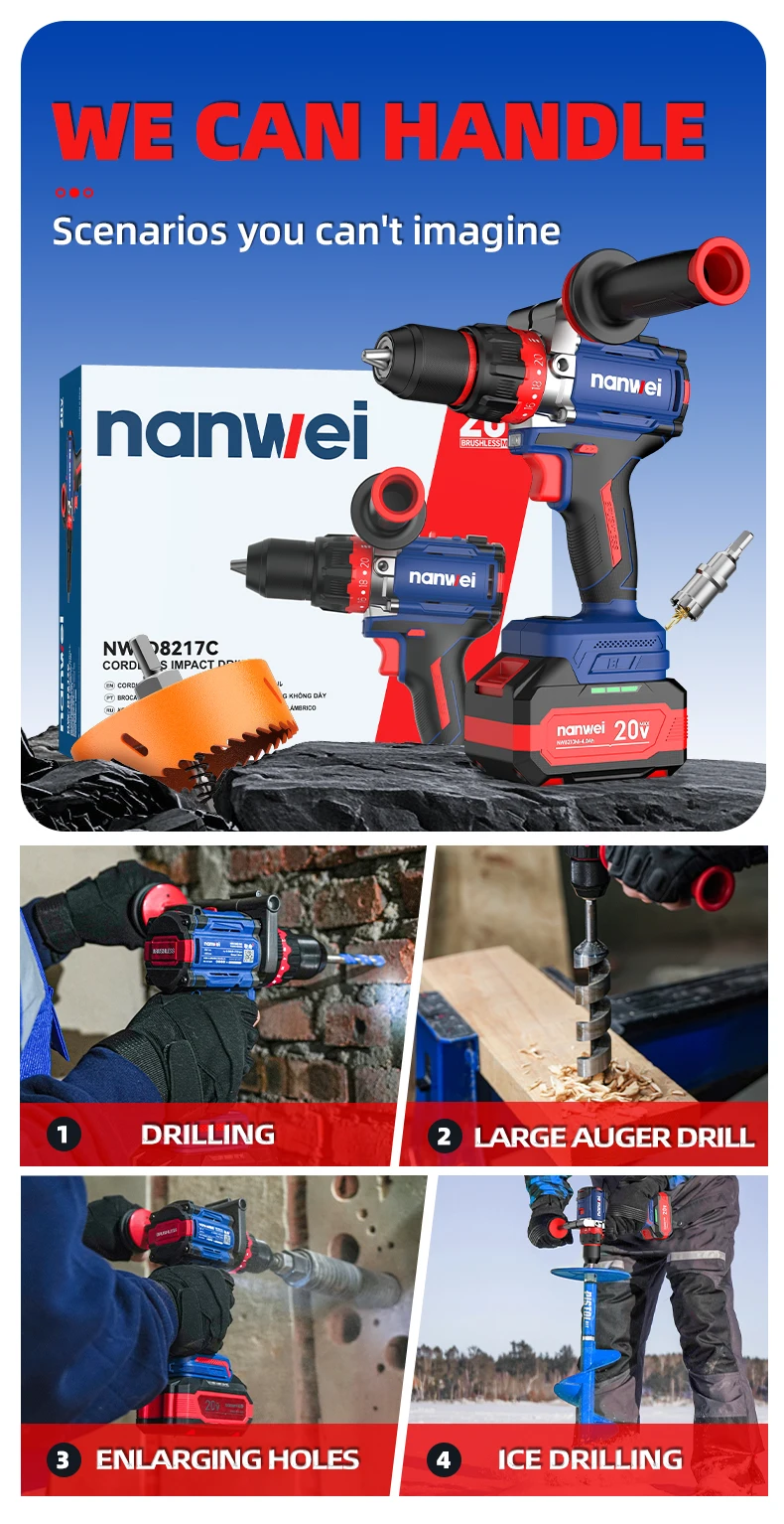 Brushless Cordless Impact Drill NANWEI Cordless 20v 13mm Ice Drill Power Tool 160NM High Torque
