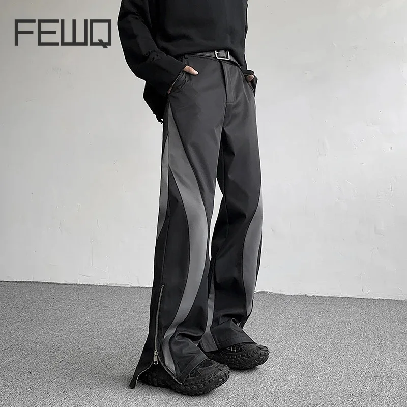 

FEWQ Autumn New Trendy Men's Suit Pants Spliced Side Zippers Boot-cut Bottom Straight Contrast Color Male Trousers Niche 9C6669