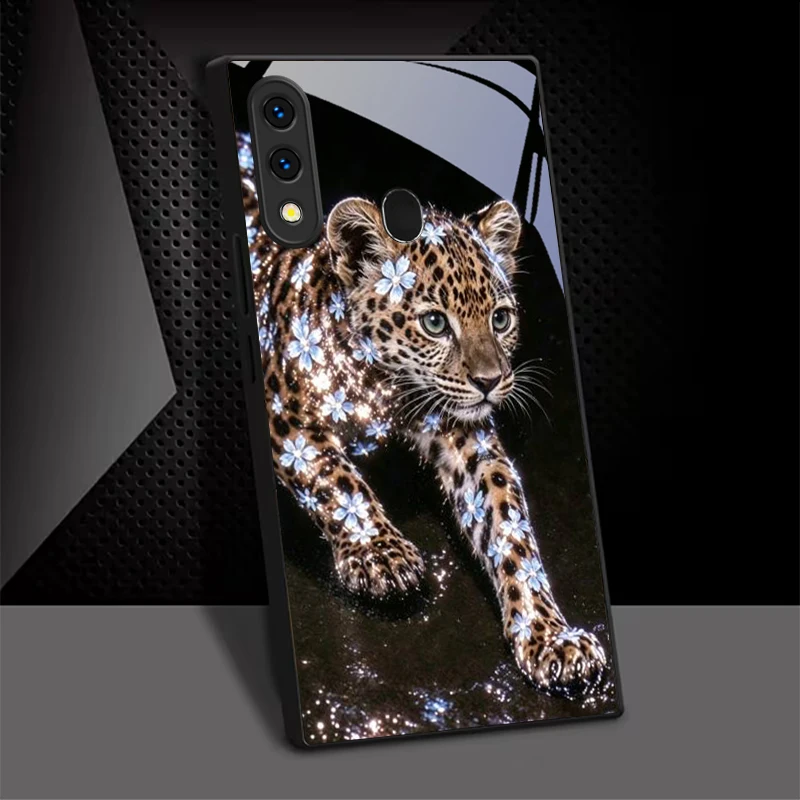 Floral Leopard Cub Black Glass Phone Case For Samsung Galaxy A50 A52 A52s A53 A54 A55 A56 A51 A80 A70 A71 A35 A34 A30 A20 Cover