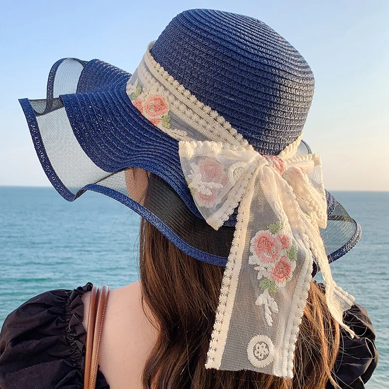 Straw Hat Lace up Grass Knitted Hat Women's Summer outing Sun Protection Beach Beach Beach Sun Hat Lace