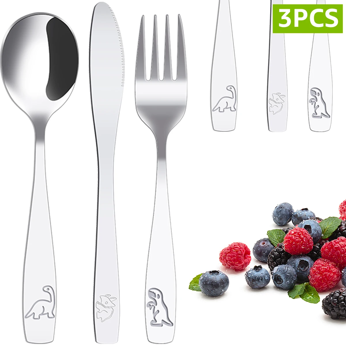 Juego de cubiertos de acero inoxidable 410 para niños, Set de tenedor, cuchara y cortador, utensilios ergonómicos seguros para niños pequeños, dinosaurios divertidos, 9 piezas