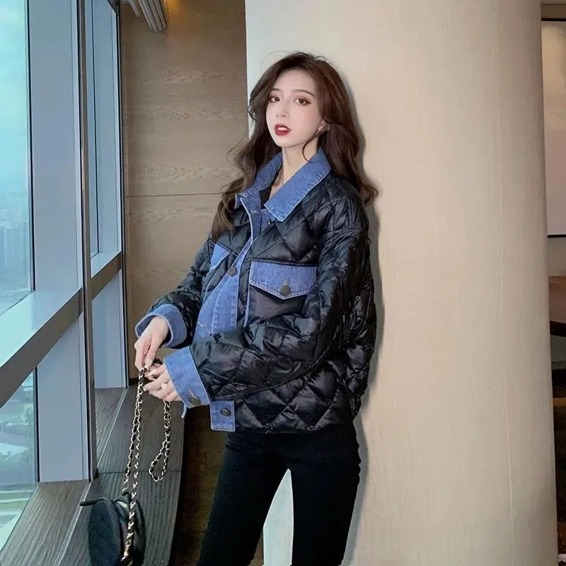 Down Cotton-Padded Jacket Women's Sense Design Winter 2023 New Korean Version Loose Short Denim Stitching Black Cotton Coat