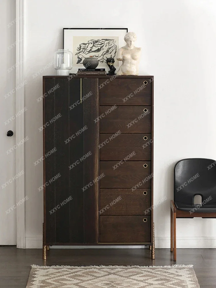 

A Nordic Solid Wood Bucket Multi-Functional Storage Floor Drawer Storage Sliding Door Vintage Oak Sideboard Cabinet