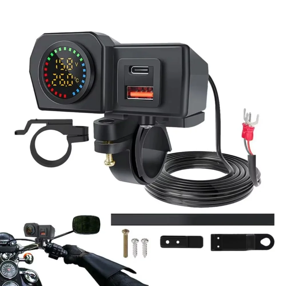 36W Motorcycle Charger Fast Charger Handlebar QC3.0+PD Charger Color Screen Temperature Display Dual USB Charger
