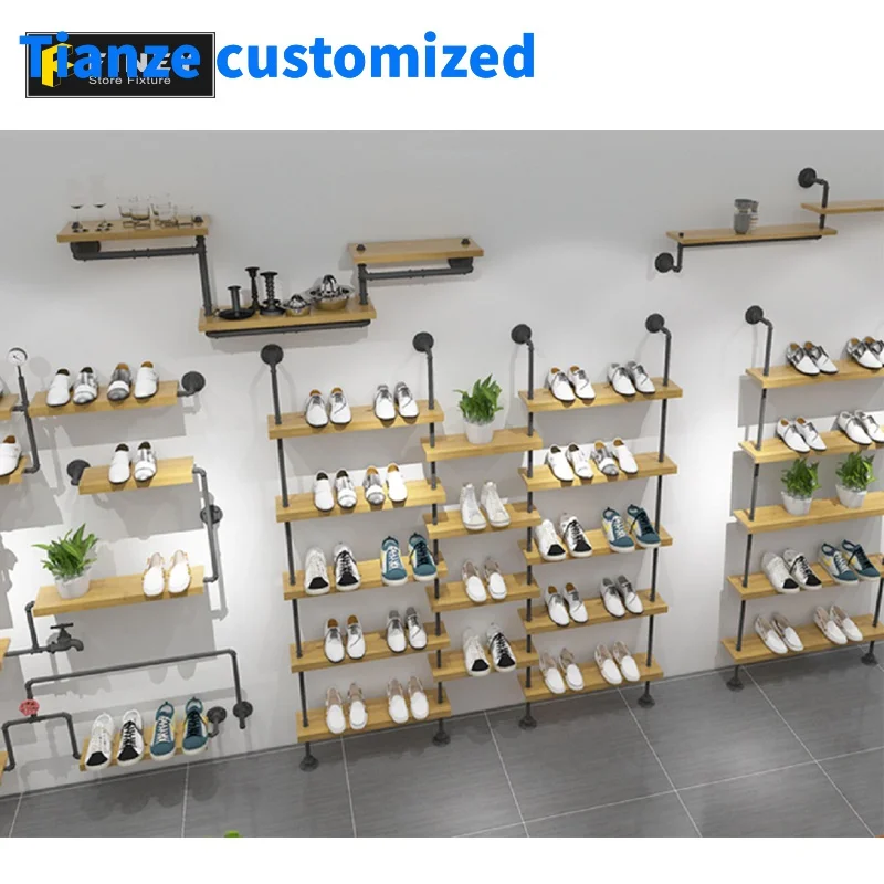 (Op Maat) Muurmontage Winkel Display Schoenenrek Houten Schoenen Display Rek Stand