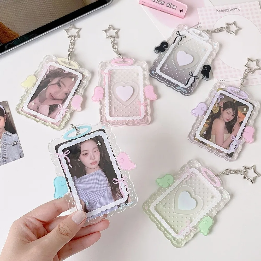 Acrylic Kpop Photocard Holder Keychain 3 Inch Cartoon Card Holder Transparent Wings Love-heart Student Card Protective Cover