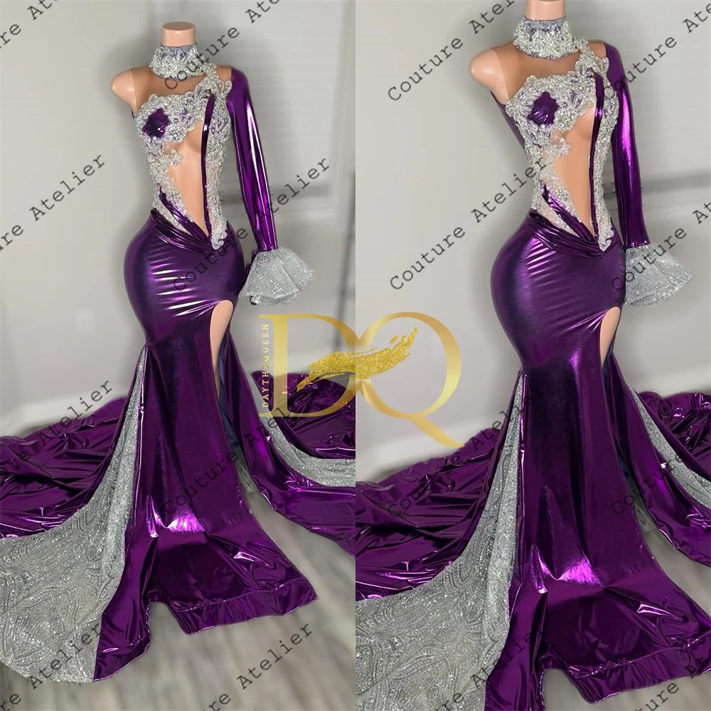 Special Purple One Shoulder Long Sleeve Prom Dress 2024 Black Girl Silver Bead African Mermaid Birthday Party Dress Customized