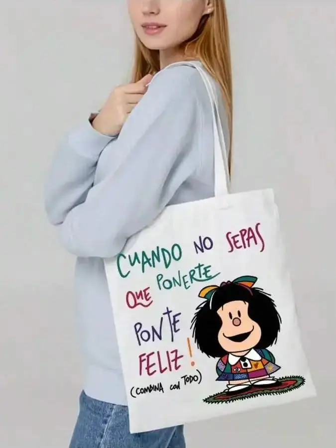 Cartoon Mafalda Mafada 2D-Druckmuster Canvas-Tragetasche Modische Unisex-Umhängetasche für den täglichen Gebrauch – Detail 2