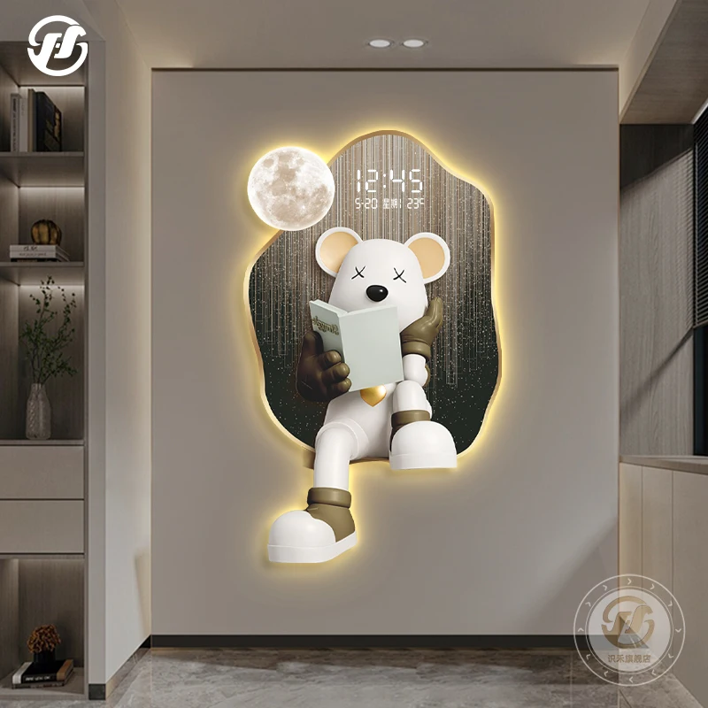 كريم نمط الفن نحت الديكور اللوحة العصرية العلامة التجارية الدب العنيف مدخل ساعة رقمية مضيئة اللوحة الخفيفة