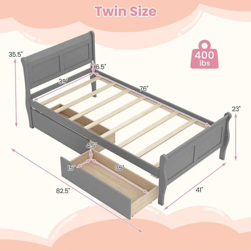 Twin Storage Bed with 2 Drawers, Wood Frame with Headboard, Slats, No Box Spring Needed, Grey