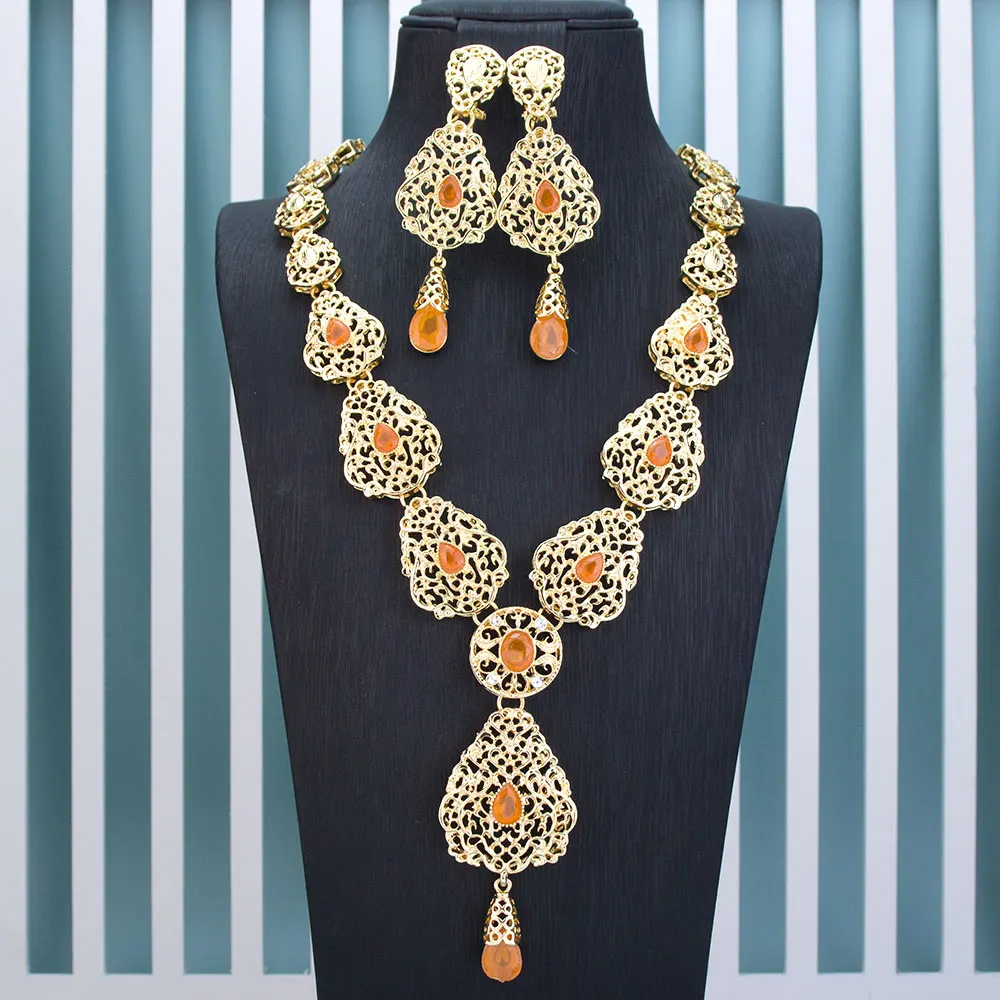 Sunspicems Chic Algeria Arabesque Earring Necklace Morocco Wedding Jewelry Sets For Women Gold Color Water Droplets Pendant