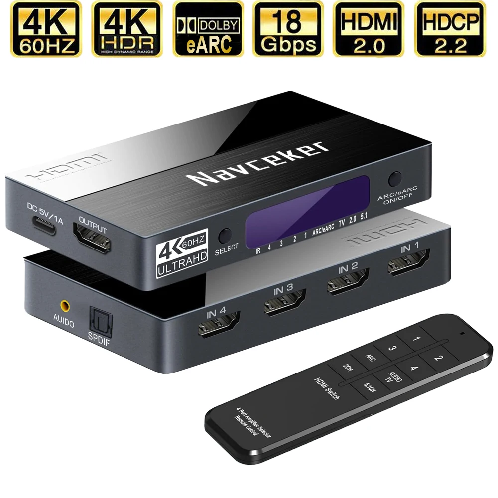 Mini 4x1 4K HDMI Switch Audio Extractor With ARC & Optical Toslink HDMI 2.0 Switch 4K 60Hz HDMI Switcher Remote For Apple TV PS4