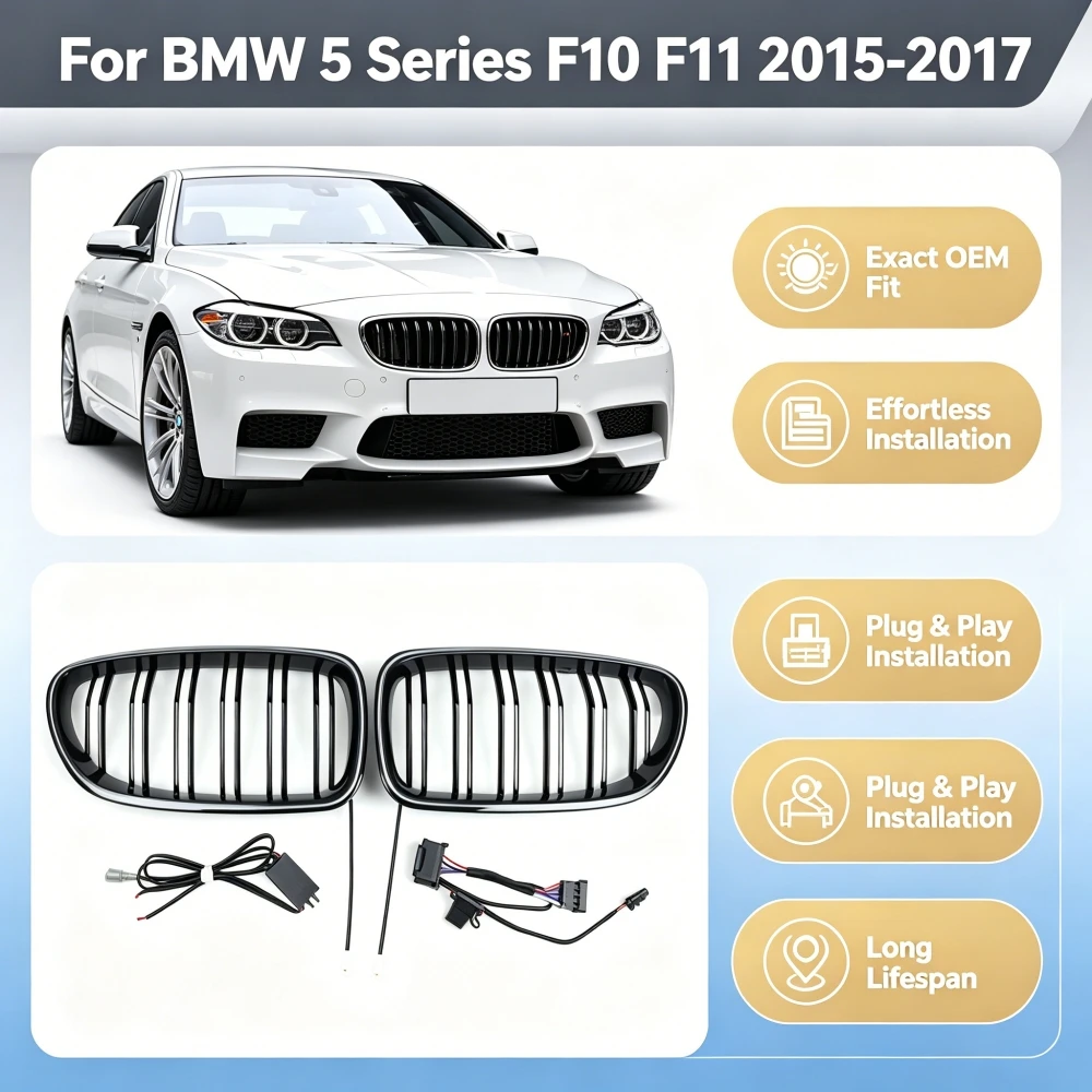 Vorderer Oberer Zentraler Kühlergrill LED-Licht Modifizierter Nierengrill Außenteile Facelift für BMW 5er F10 F11 2015-2017