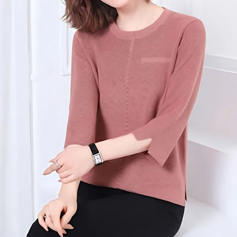 Office Lady Solid Color Fashionable Short Knitted T-shirt Summer Elegant Simplicity 3/4 Sleeve Round Neck Tops Women\'s Clothing