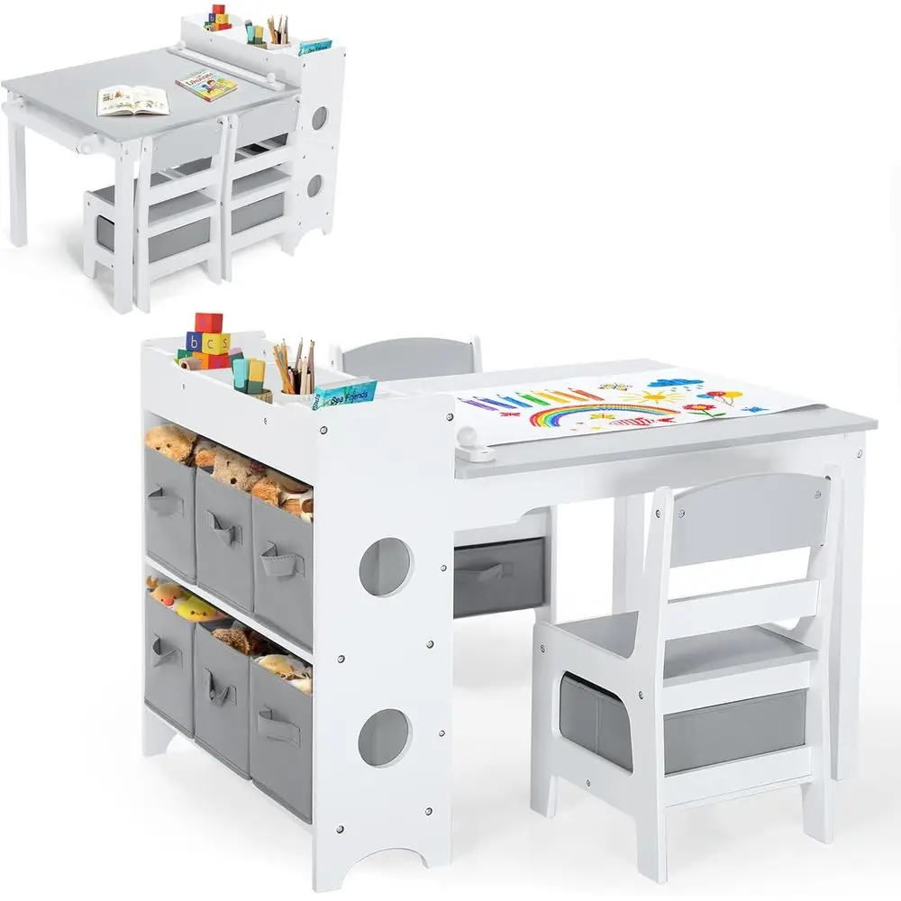 

Kids Art Table & Chair Set, Wood Toddler Activity Table or Kids Ding, Reading, Studying, Crating, Playing, 8 Removable Bins, Pap