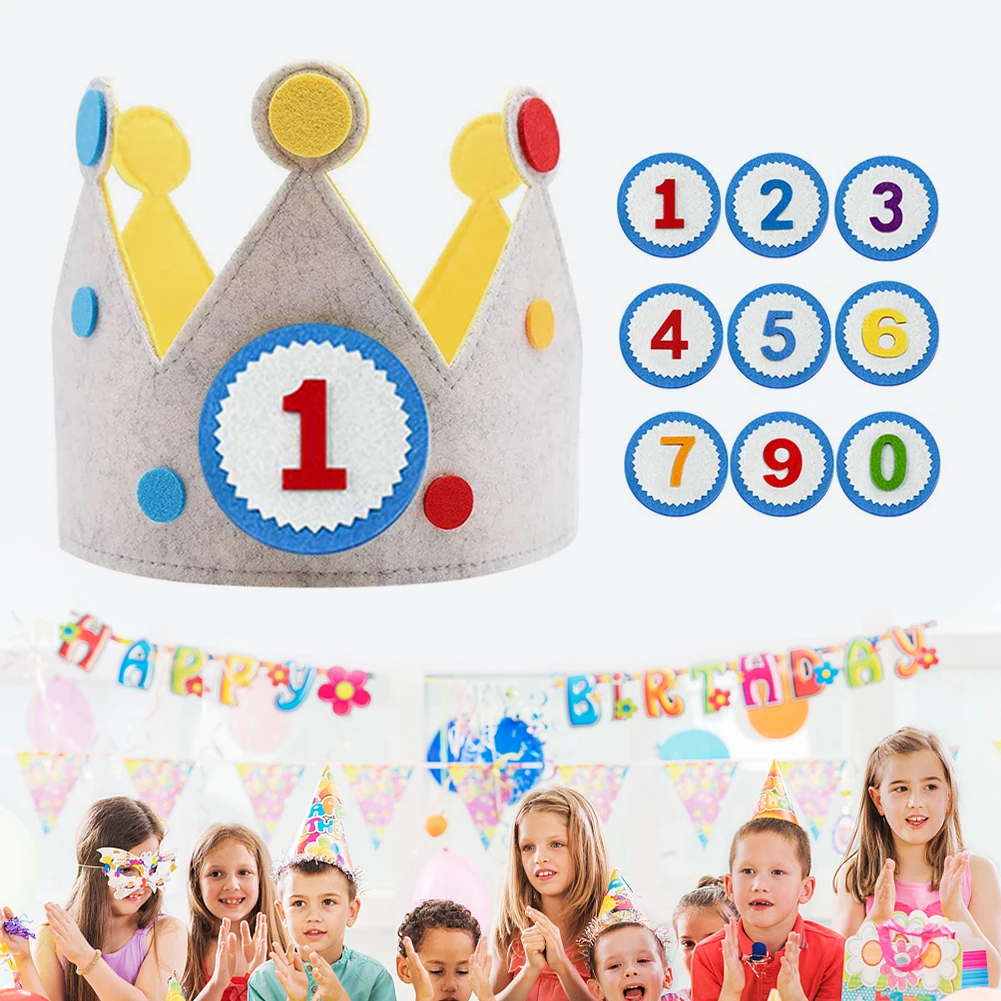 Coroa de Aniversário em Feltro, Presente para o Dia das Crianças, Coroa com Números Intercambiáveis, Tamanho Ajustável para Meninas e Meninos, Decoração para Festa de Aniversário
