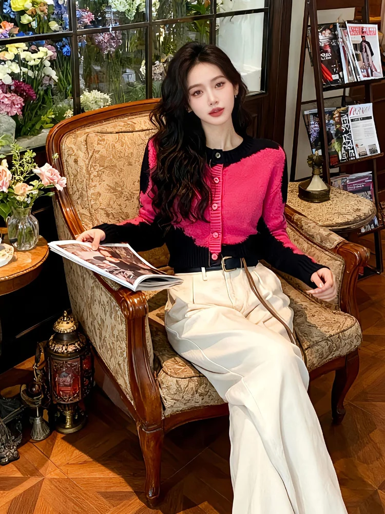 

Осенне-зимний мягкий уютный уникальный женский вязаный кардиган-свитер, розово-красный, свободного кроя, модный комплект из двух предметов с круглым вырезом