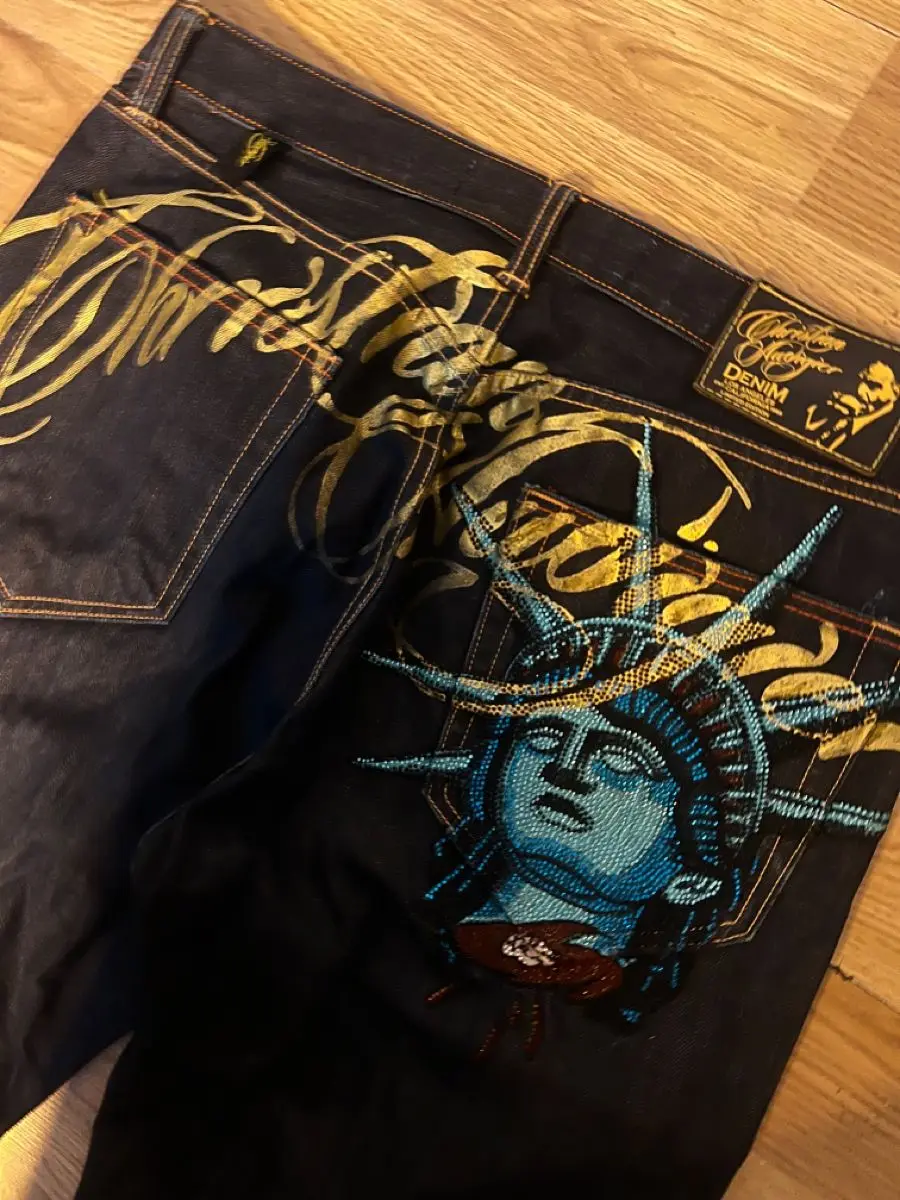 Harajuku Y2k الماس تمثال الحرية حجر الراين الجينز عادية الدينيم السراويل مستقيم واسعة الساق الجينز خمر النساء الملابس #1