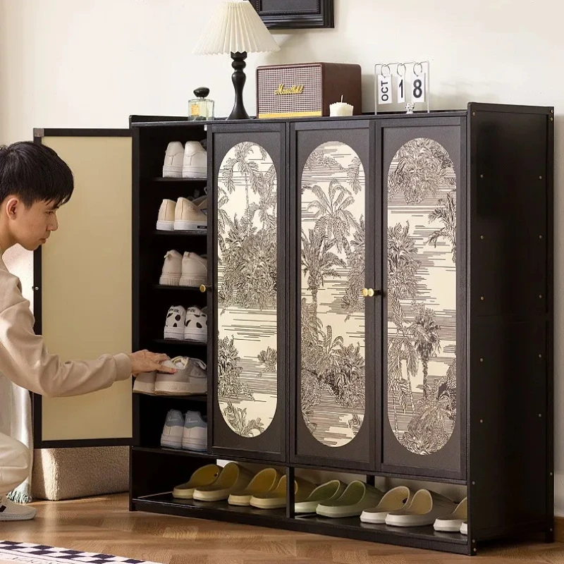 Retro style multi-layer shoe cabinet, bamboo large capacity shoe cabinet, high-definition spray painted decorative foyer cabinet