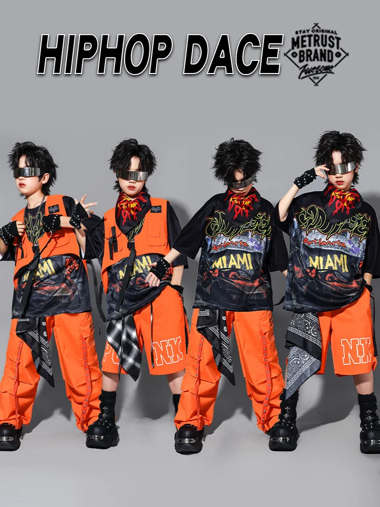 Boys Jazz Dance Stage Costume Children Hip Hop Trendy Suit Orange Shorts Oversize T-shirt Street Dance Outfit Streetwear
