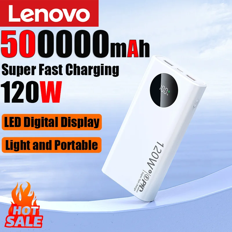 Lenovo 500000mAh Fast Charging Power Bank 120W High Capacity Powerbank Portable Battery Charger For iPhone Samsung Huawei 2026