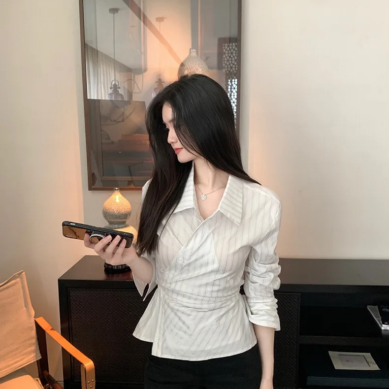 

Long Sleeve Shirts Womens Chiffon Button Down Tops Lantern Sleeves Pleated Hem Feminine Retro French Style Elegant Autumn Looks