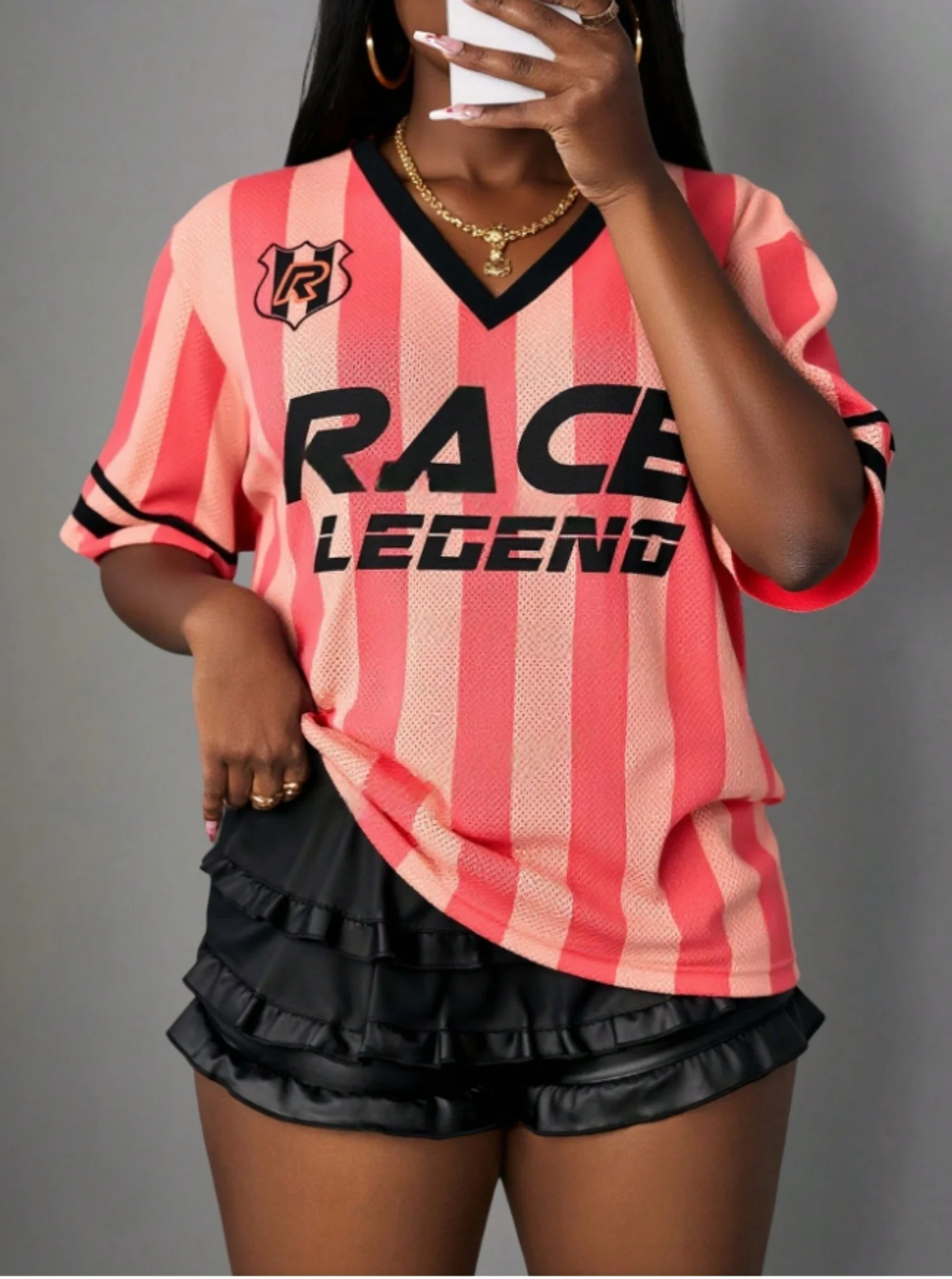 Fashion Color Block Letters Women T Shirt Striped V-Neck Tee Summer Harajuku Trend Short Sleeve Streetwear Oversized Sport Tops