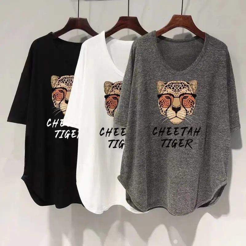 Loose Plus Size Medium To Long V-neck Short Sleeved T-shirt for Women 2026 Summer New Fashion Korean Slimming Belly Covering Top