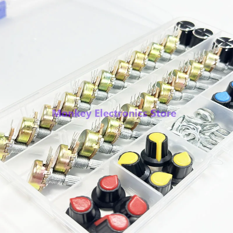 40PCS  Potentiometers WH148 Single 3pines Kit box switch 15MM  potenciometro B5K 10K 20K 50K 100K With 20PCS Knobs Set Shaft Nut