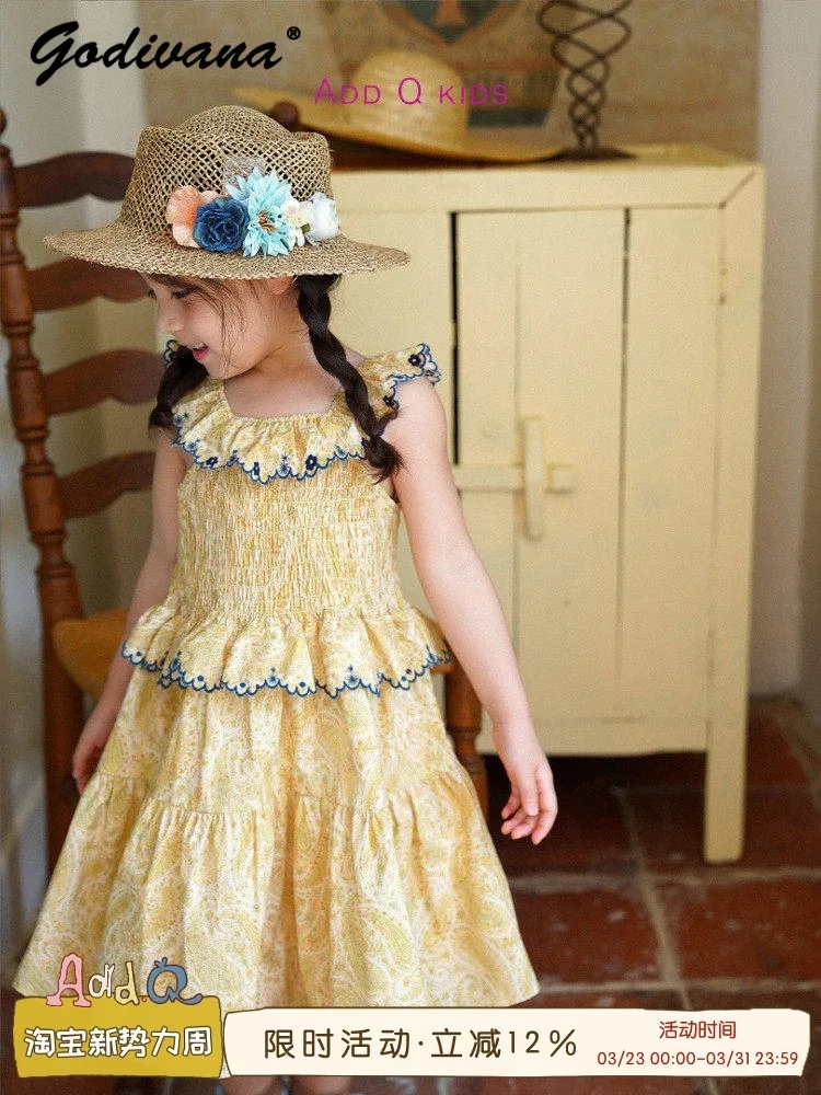 

Sweet Little Girls Summer Pure Cotton Vest Dress Childrens Ruffles Collar Yellow Floral Pastoral Heavy Embroidery Thin Dresses