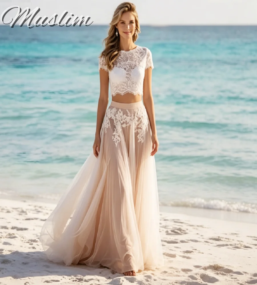 2 In 1 Cropped Lace Top Wedidng Dress Champagne Cap Sleeve Lace Appliques Tulle A Line Beach Bridal Gowns 2026 Civil Elopement
