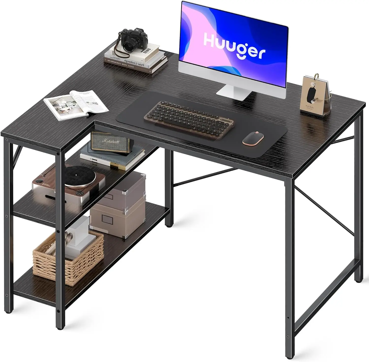 L Shaped Desk, 39 Inches Computer Desk with Reversible Storage Shelves, Gaming Desk, Corner Desk Home Office Desks, Black