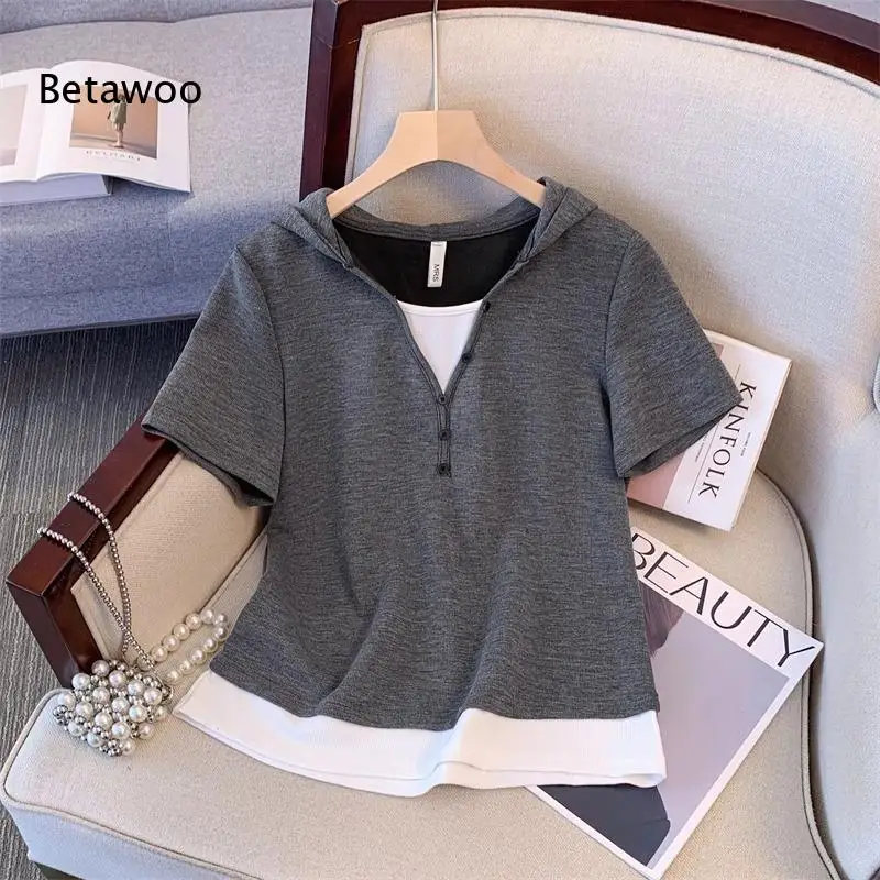 Women Hooded Half Button Color Block Two Piece Outfit Short Sleeve Top Elastic Waist Drawstring Wide Leg Pants Casual Set