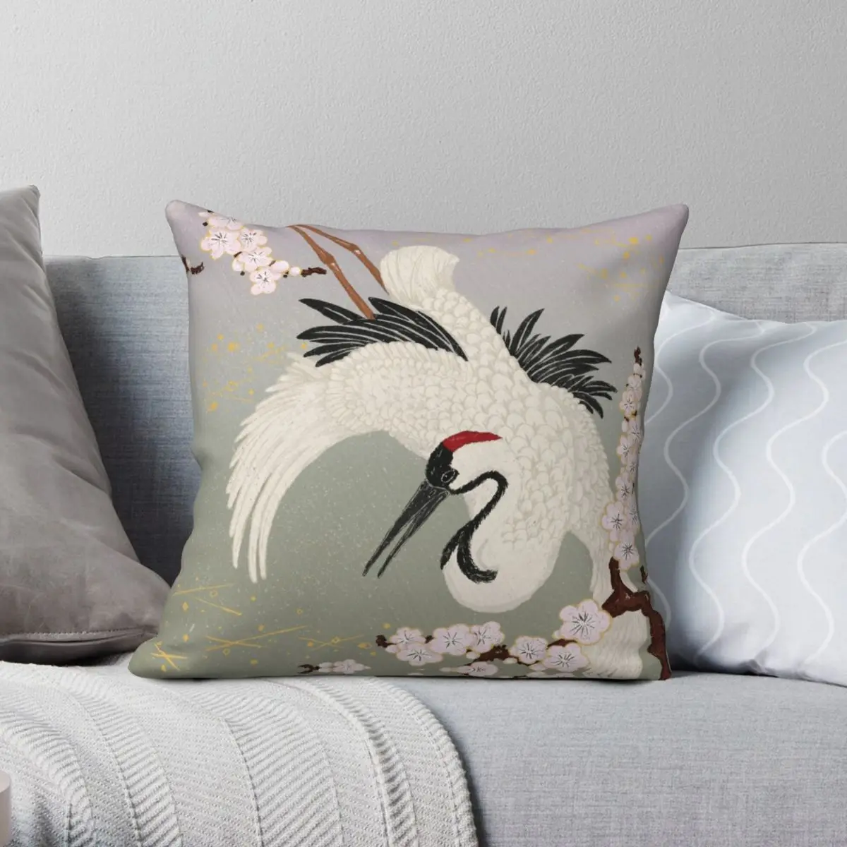 

Japanese Ukiyo-e Crane Sakura Square Pillowcase Polyester Linen Velvet Pattern Zip Decor Room Cushion Case