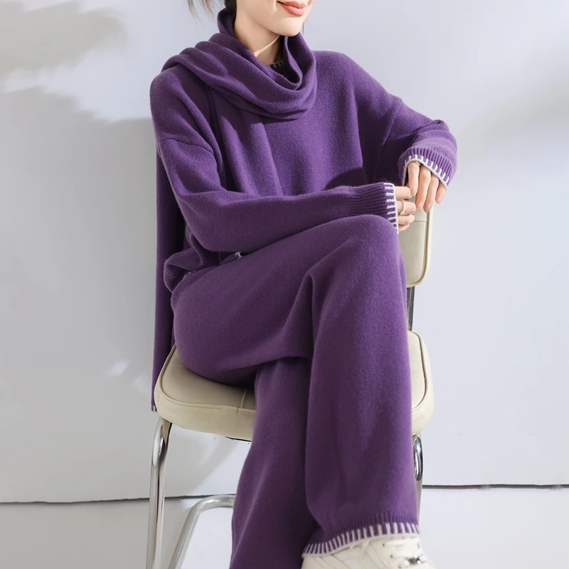 Autumn Winter Women's 100% Wool Set O-neck Pullover Wide Leg Pants Casual Cashmere Sweater Trousers Knit Scarf Thtee piece Suit