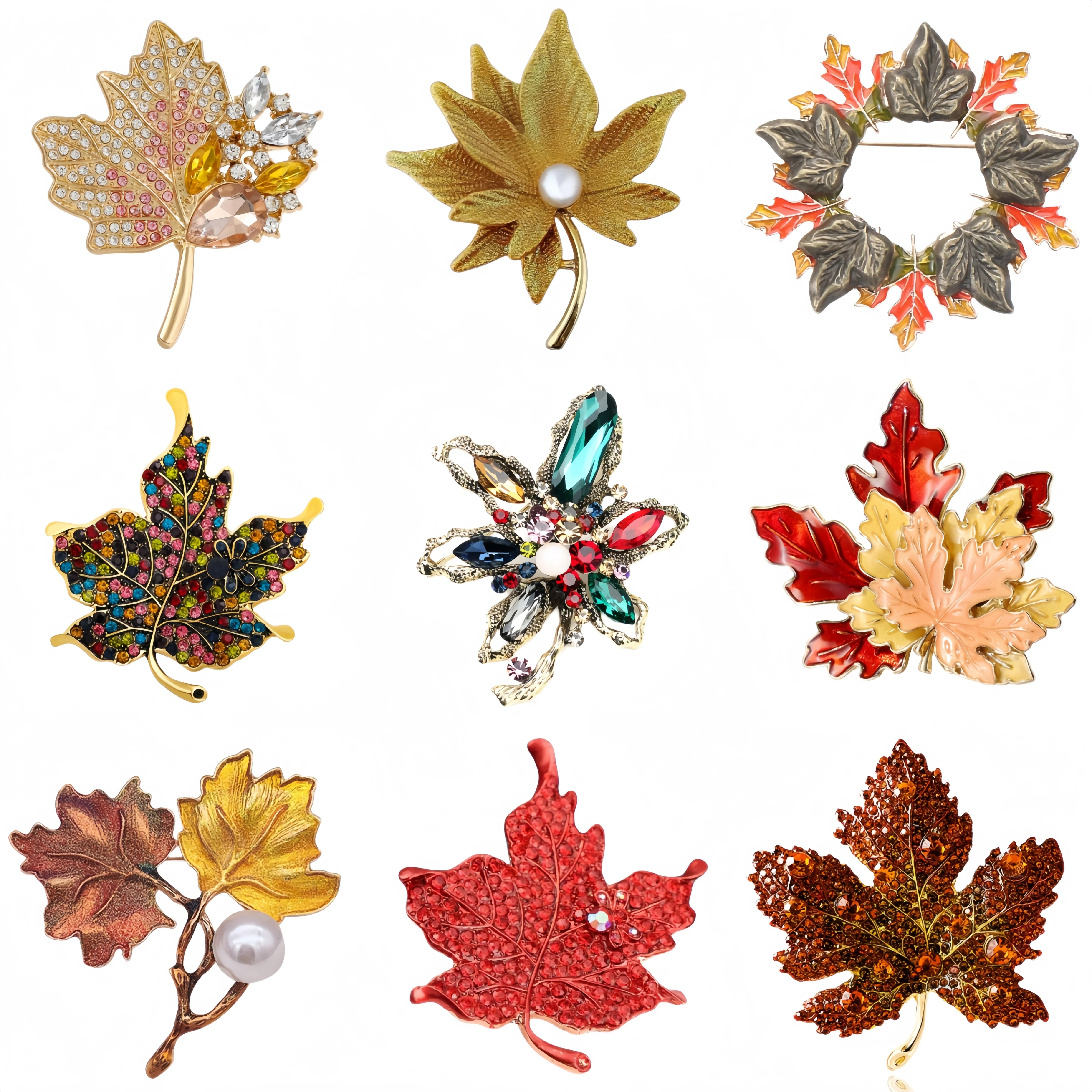Essh&Pule Vintage Autumn Maple Leaf Brooch Rhinestone Enamel Pearl Fall Women Suit Coat Thanksgiving Jewelry Gift