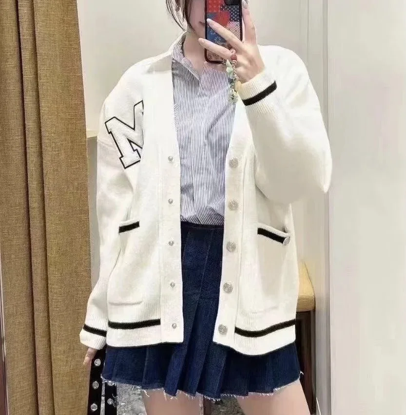 

Женский черно-белый вязаный кардиган с v-образным вырезом и длинными рукавами, свободный повседневный удобный свитер