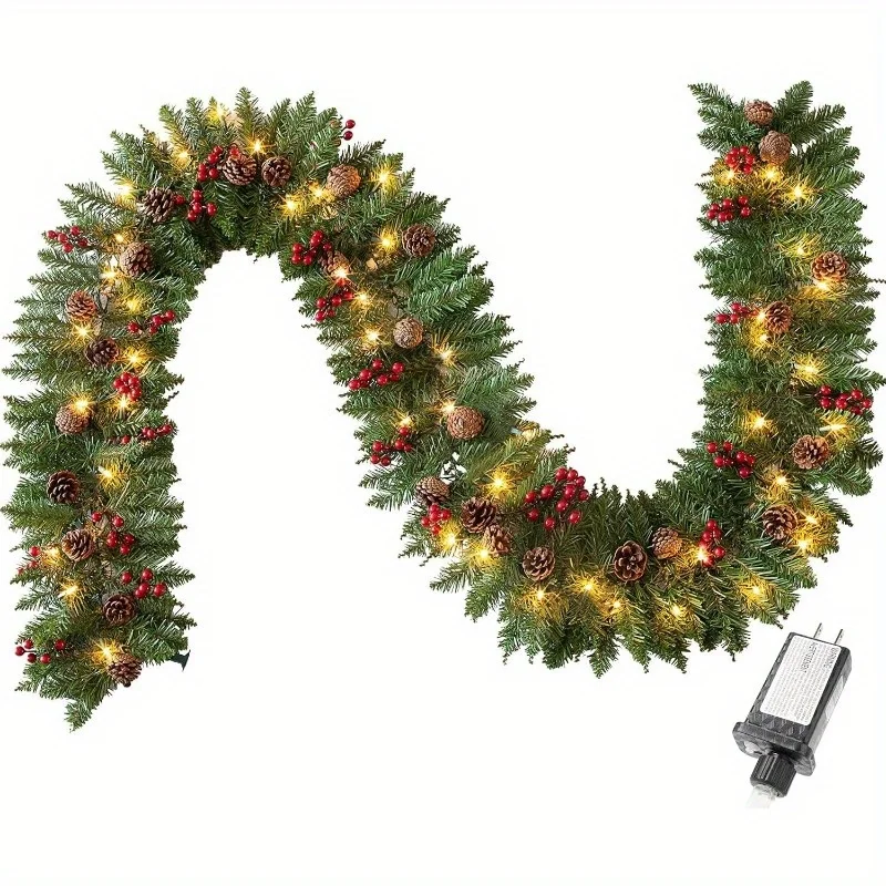 9 Ft Artificial Christmas Garland Prelit with 50 Warm White String Lights Pine Cones and Red Berries for Christmas Holiday Season Decorations Garlands