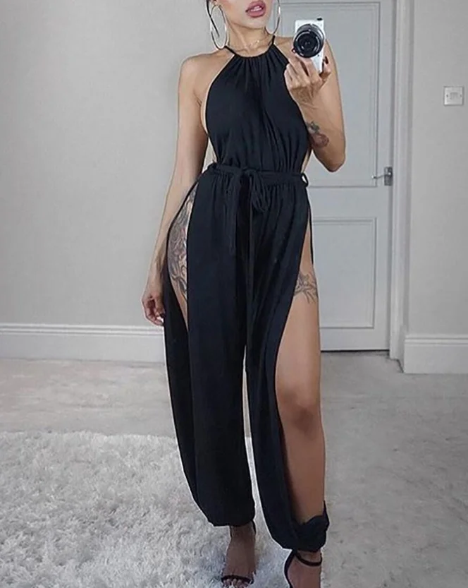 Mouwloze jumpsuit met ruches en split