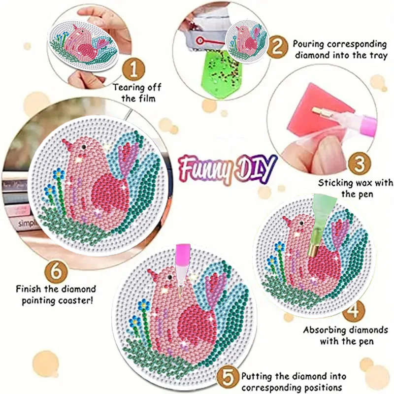 High-value DIY Diamond Painting Coaster 8-piece Set  Cute Animal Handmade 5D Diamond Insulation Placemat with Cup Holder