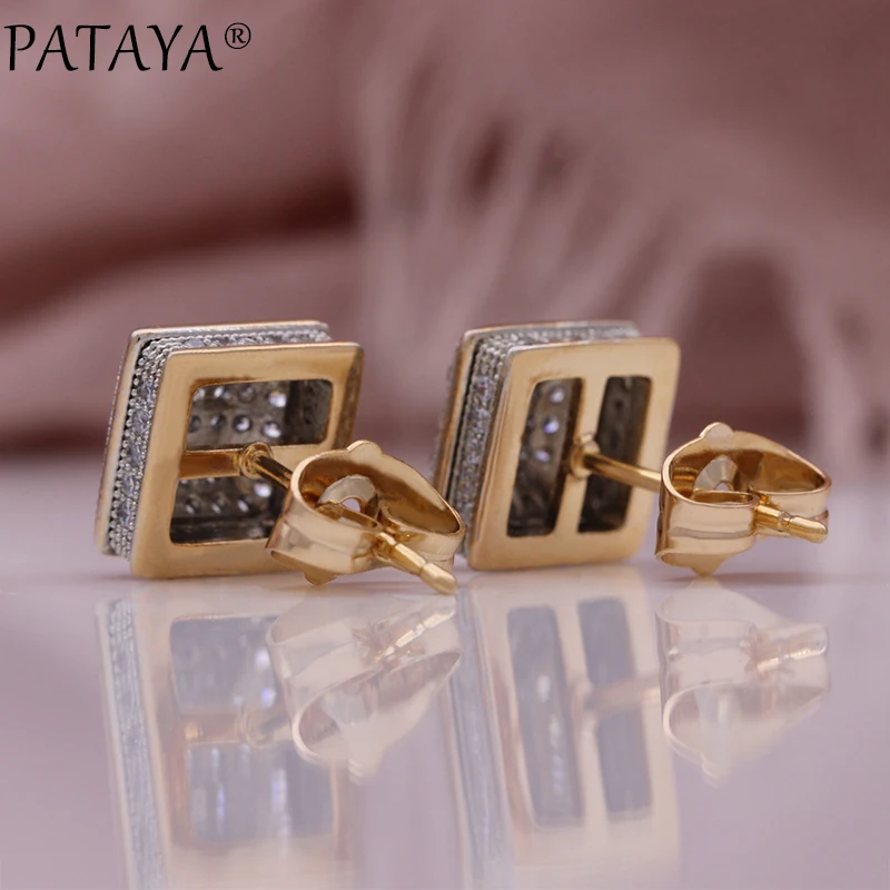 PATAYA New 585 Rose Gold Color Earrings For Women Girl Fashion Geometric Natural Zircon Ear studs High Quality Daily Jewelry