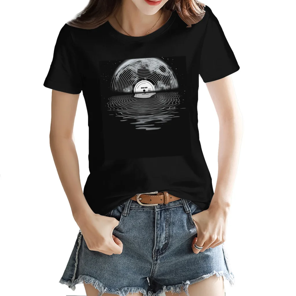 Moon Song Lusso creativo da donna, T-shirt stampata estiva di alta qualità, cotone casual ampio, manica corta girocollo