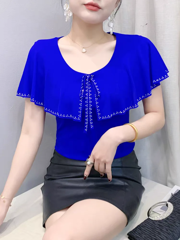2025 Summer New Mesh Tshirt Fashion Rhinestone Ruffles Collar Slim-Fit Short Sleeve T-shirts Women's Top