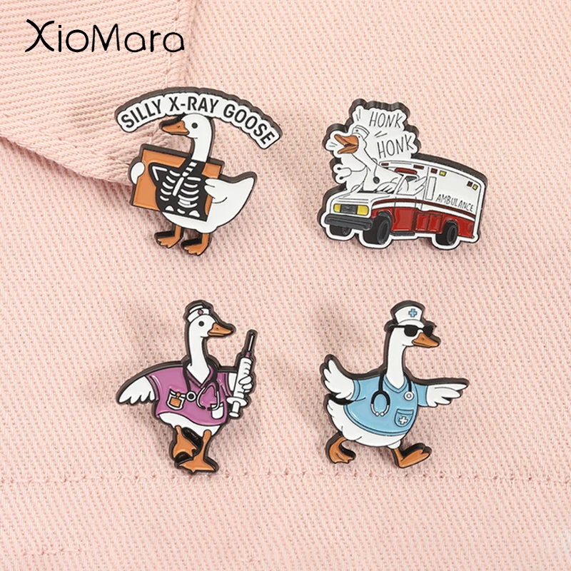 Funny Silly X-RAY Goose Enamel Pins Cute Animal Doctor Nurse Goose Drive Medical Ambulance Brooch Lapel Badge Jewelry Gifts