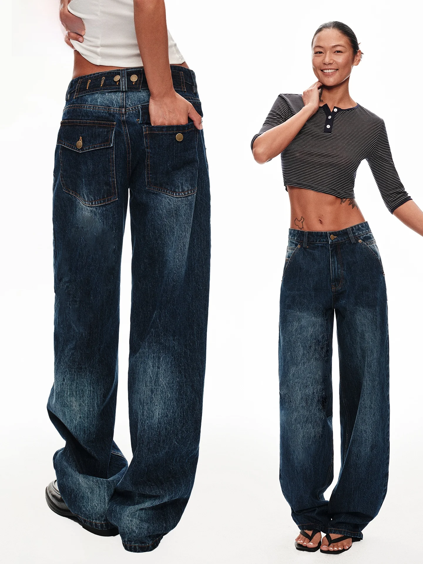 

Non-Fading Paris Bule Retro Waed Low Waist Straight Leg Original Jeans Cotton l Waist Button Pure Color All Seasons