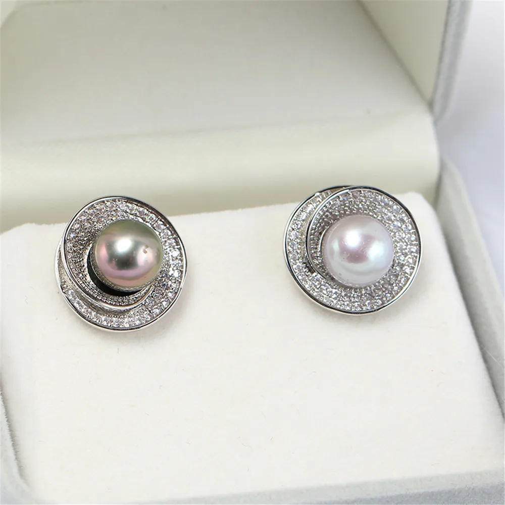 Domestic 14k Gold Injection Spiral Circular Inlaid Zircon Pearl Ears S925 Silver Needle Earrings DIY Accessories Are Exquisite